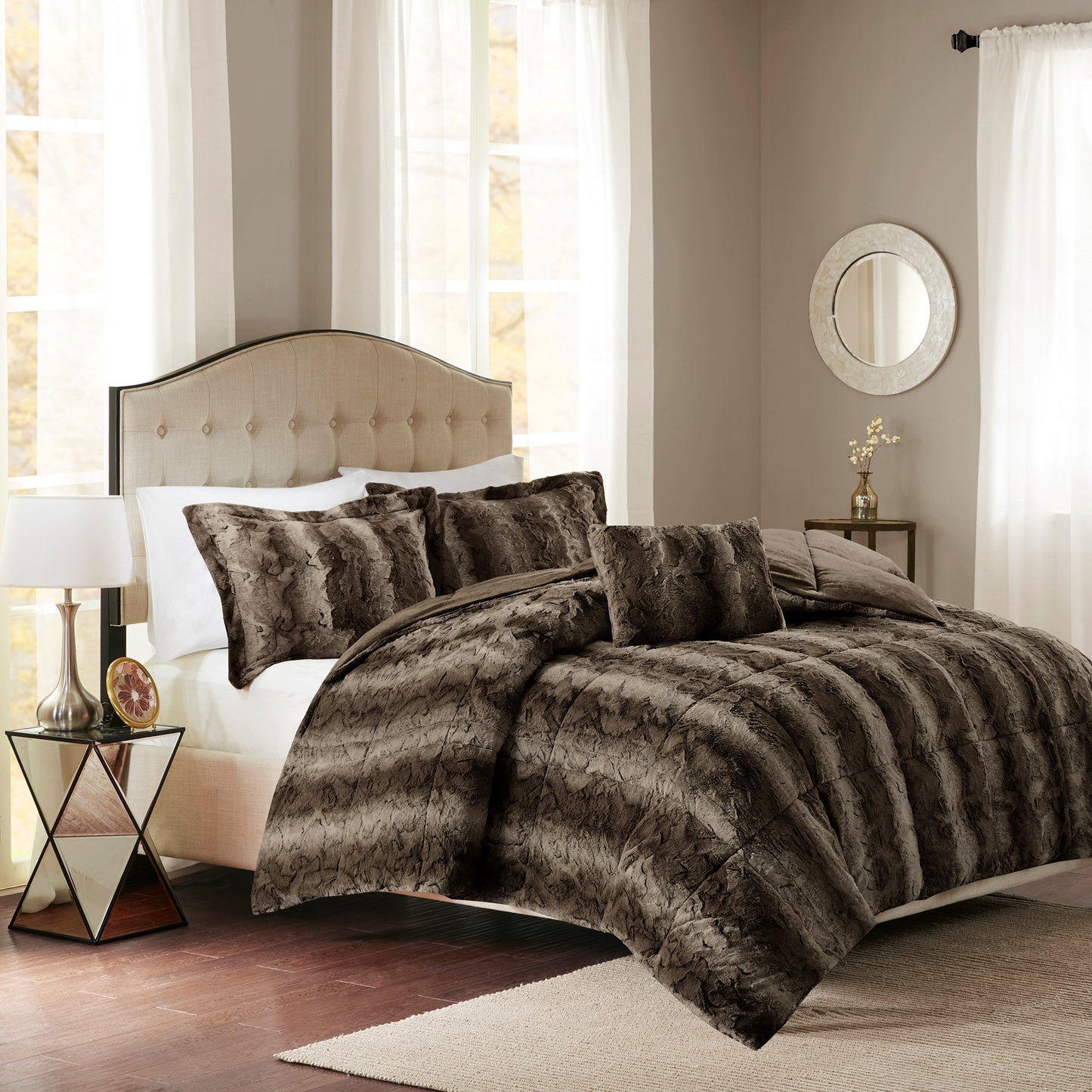 Marselle Faux Fur Comforter Set Blush/Grey