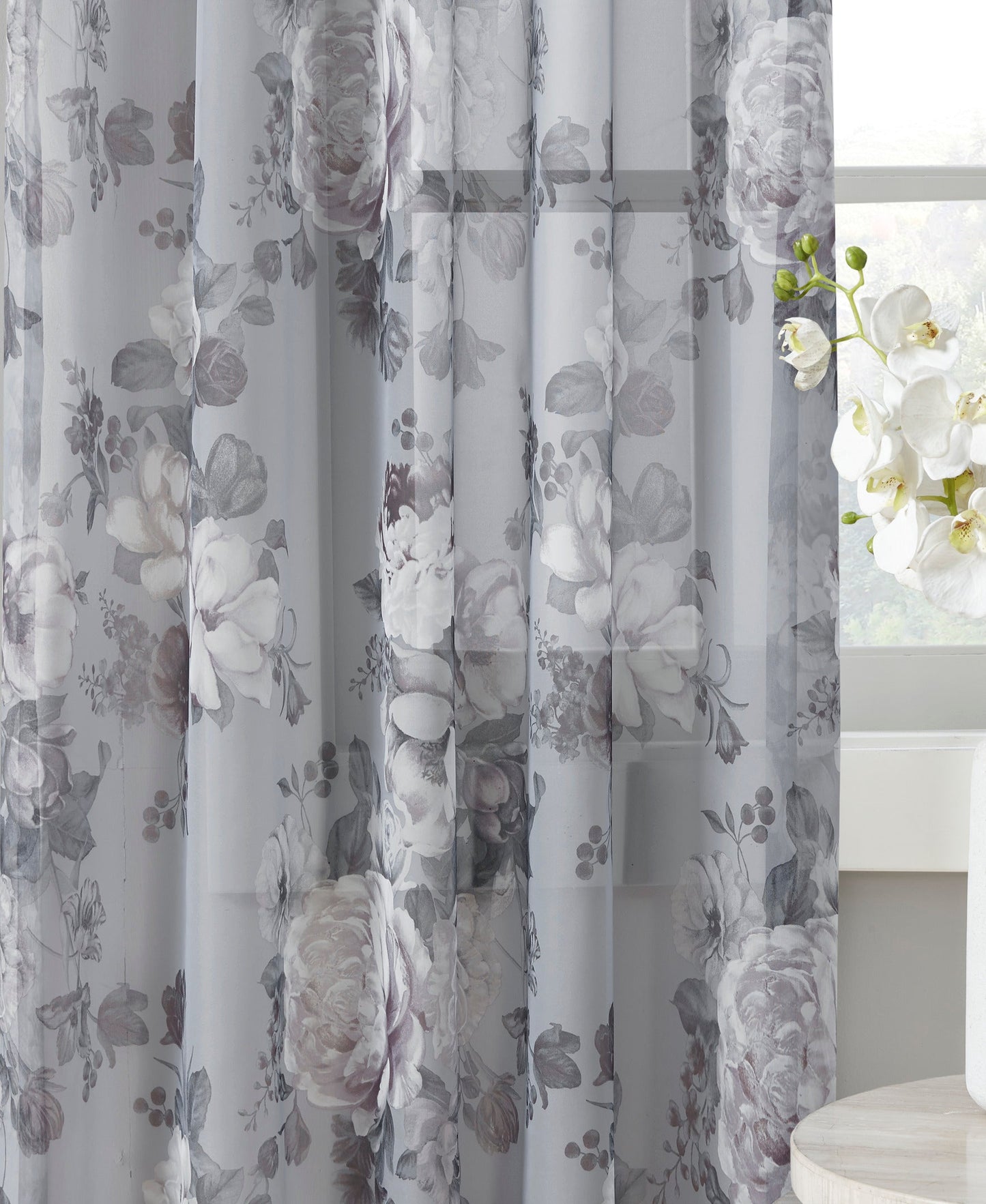 Fleur Rod Pocket Voile Sheer Curtain Stone Grey