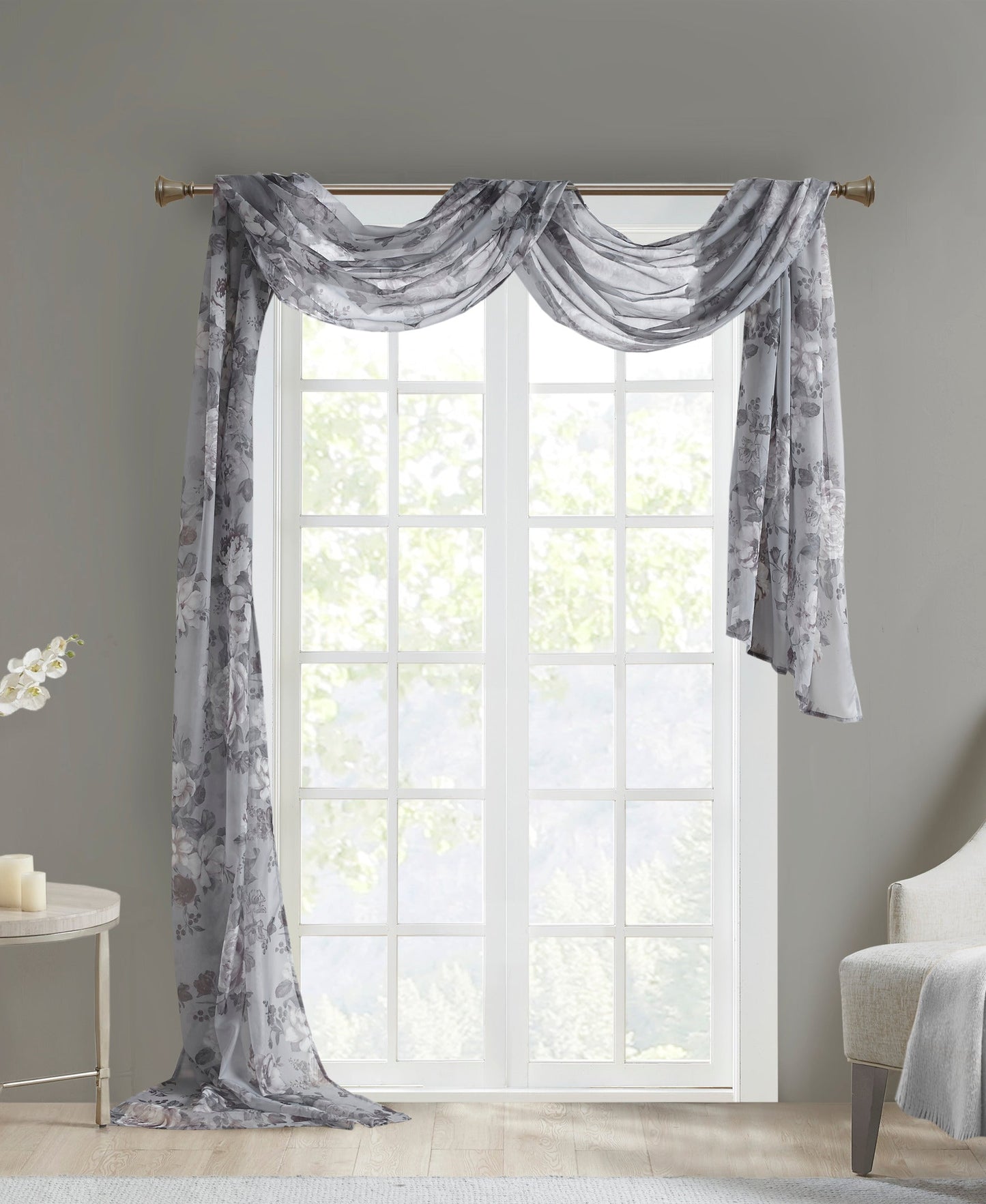 Fleur Rod Pocket Voile Sheer Curtain Stone Grey