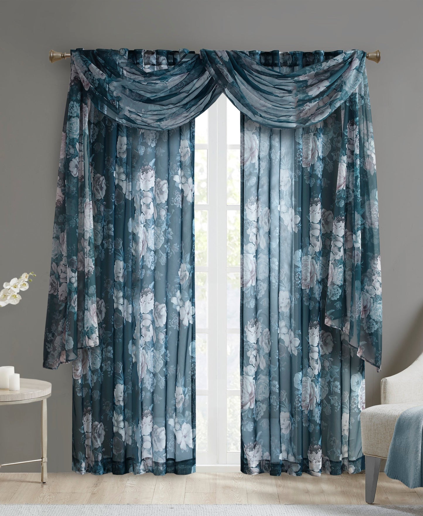 Fleur Rod Pocket Voile Sheer Curtain Stone Grey