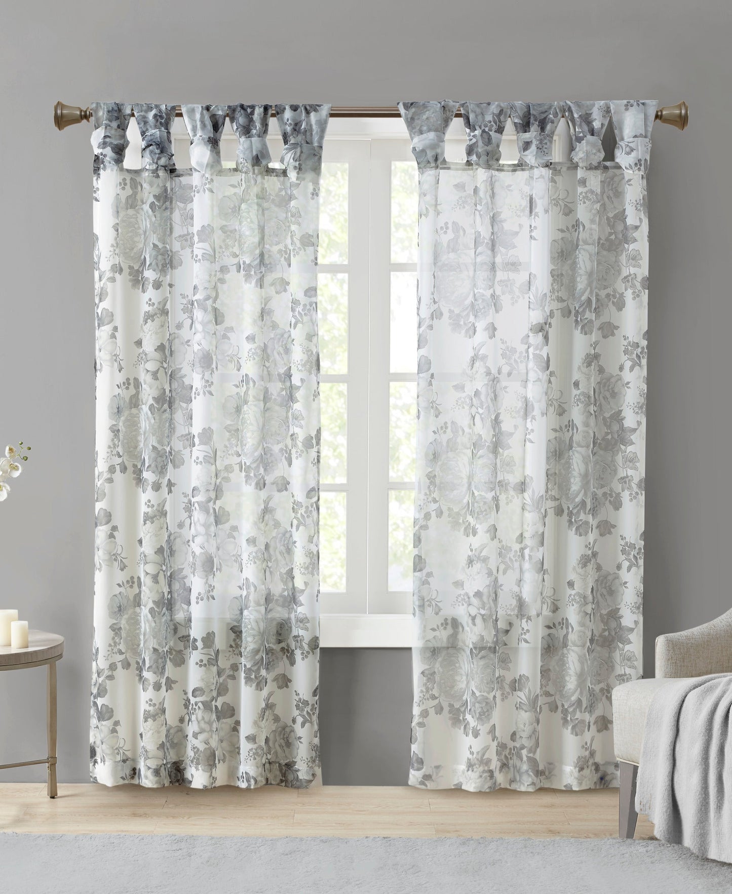 Fleur Rod Pocket Voile Sheer Curtain Stone Grey