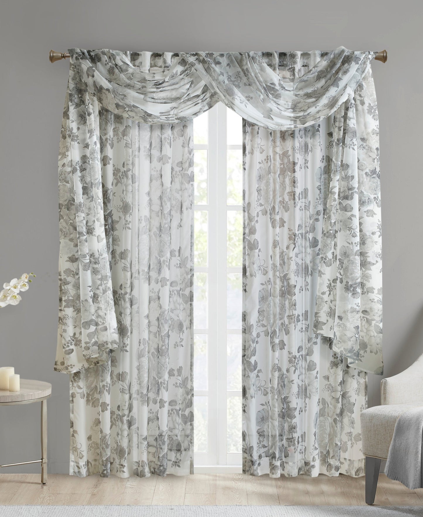 Fleur Rod Pocket Voile Sheer Curtain Stone Grey