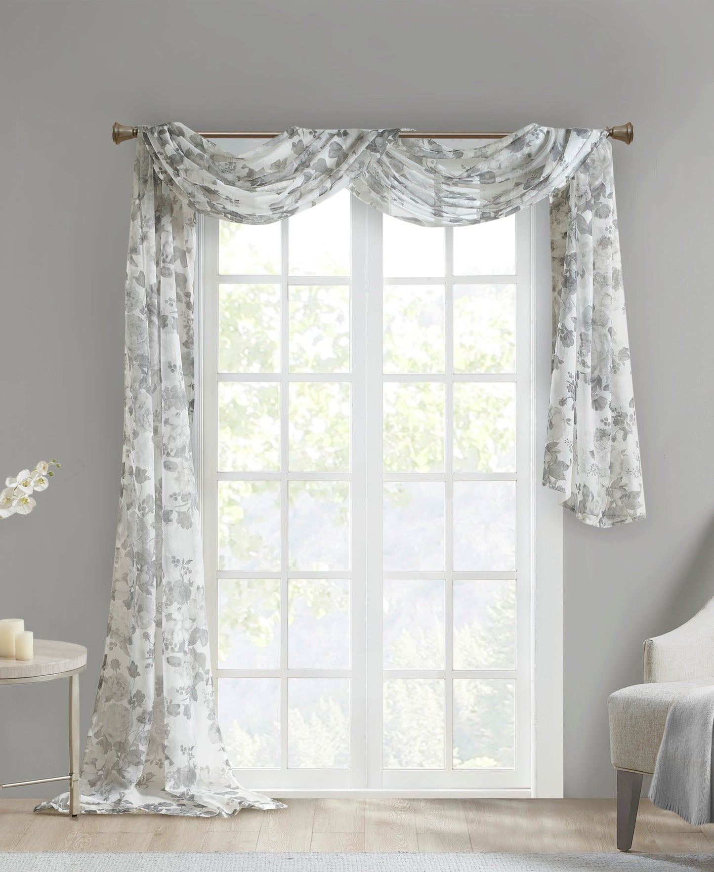 Fleur Rod Pocket Voile Sheer Curtain Stone Grey