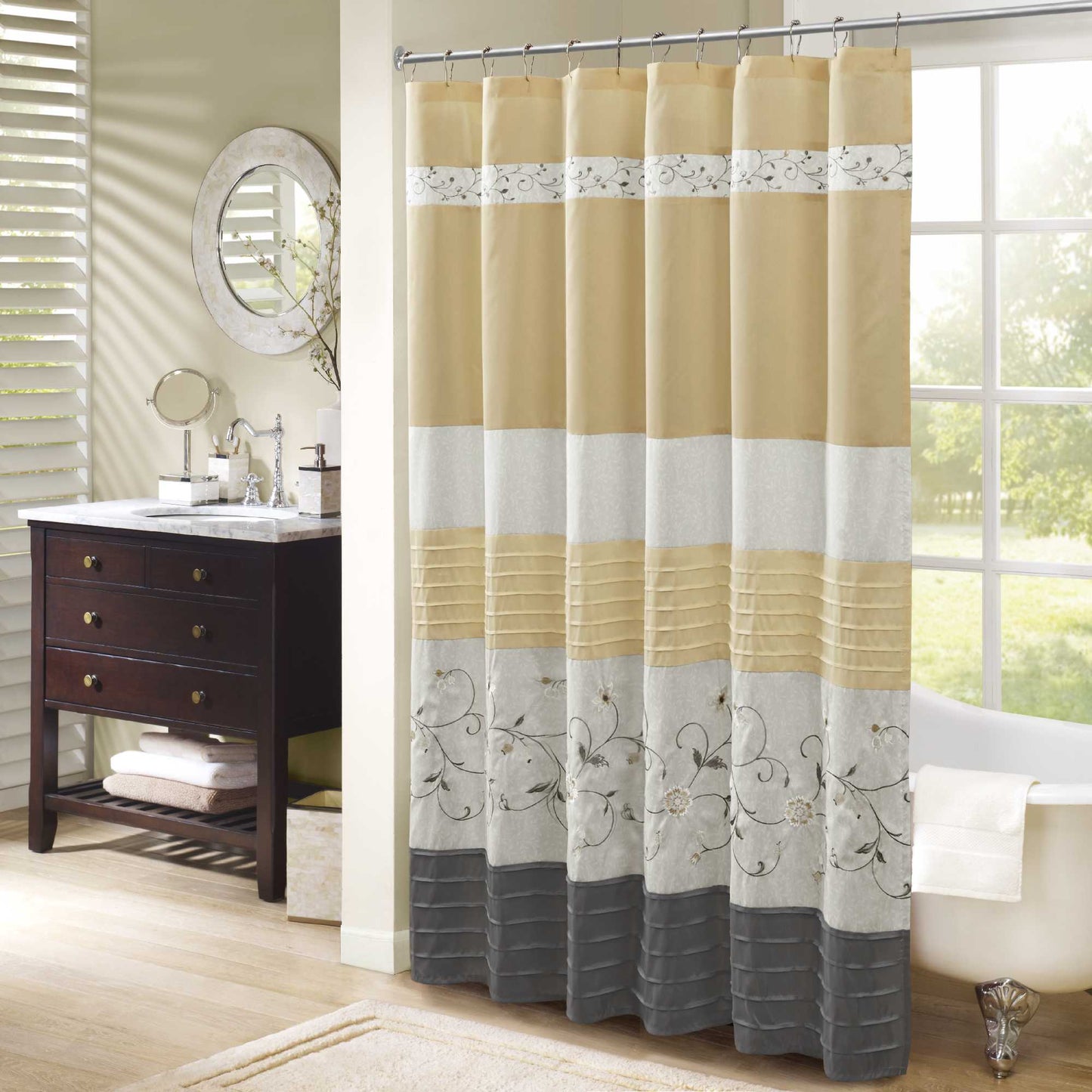 Monroe Faux Silk Embroidered Floral Shower Curtain